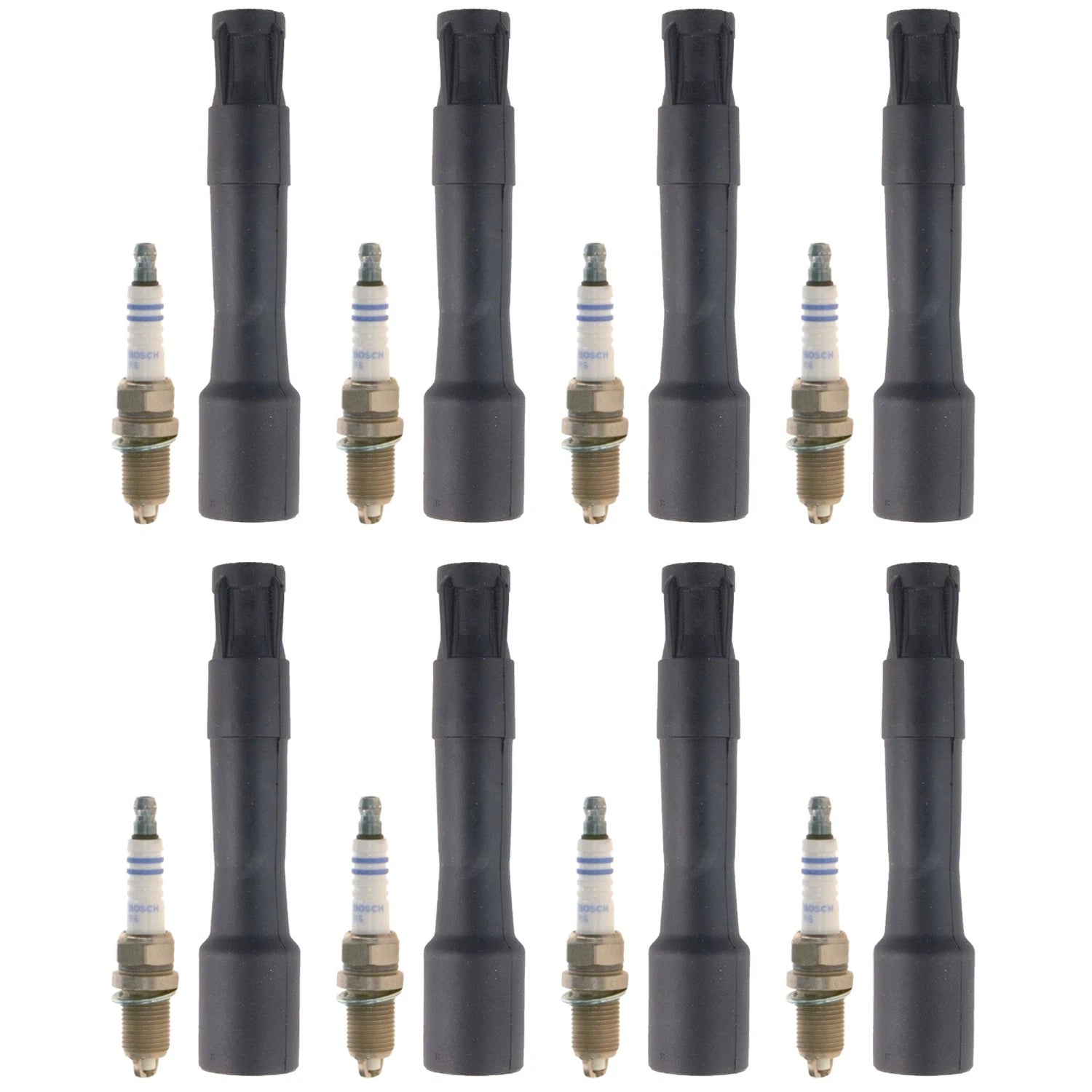 Set of 8 Bosch Spark Plugs & NGK Ignition Coil Boots for BMW 740Li (2002–2005)