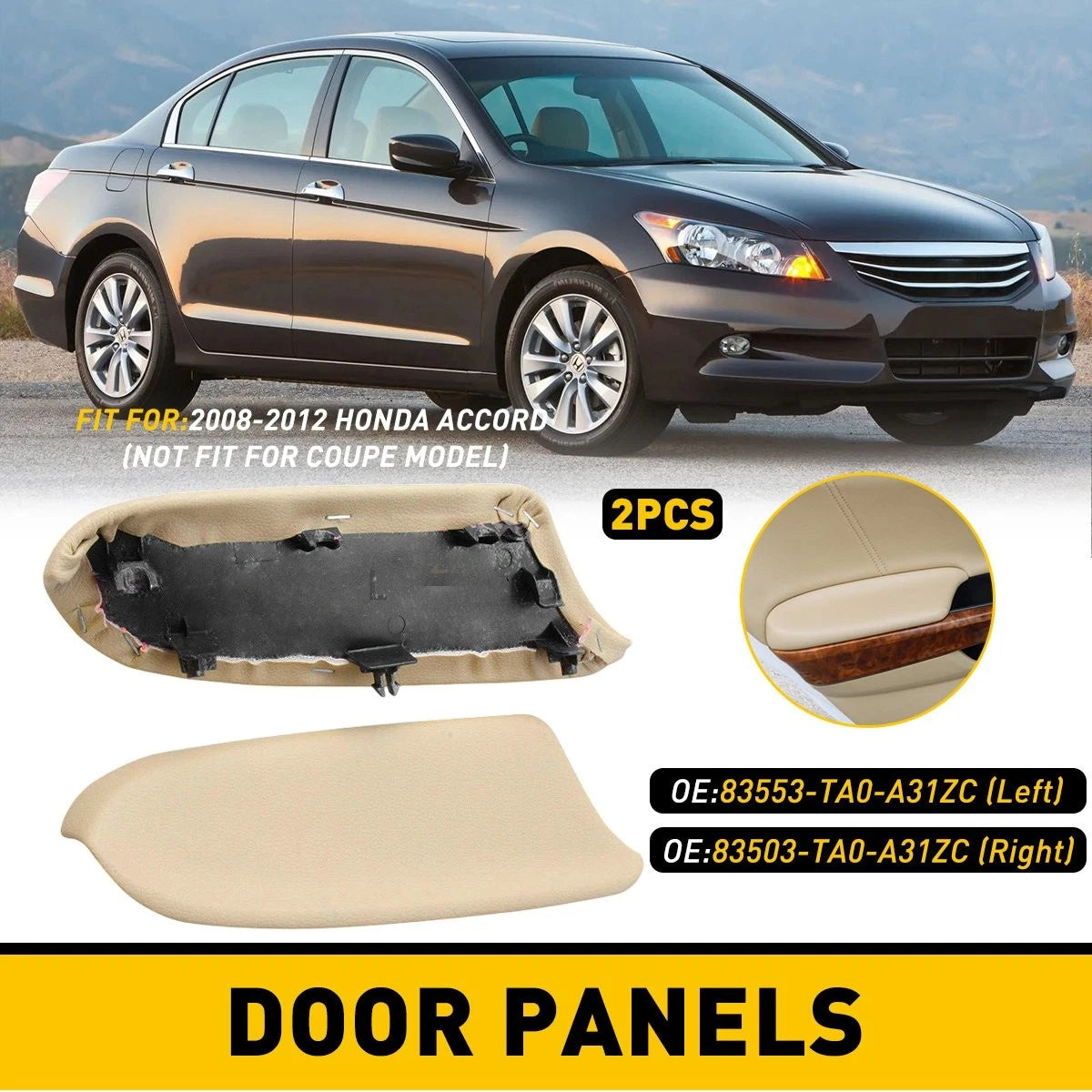 Set of 2 Door Panels Armrest Lid Cover for Honda Accord Sedan (2008–2012) Beige