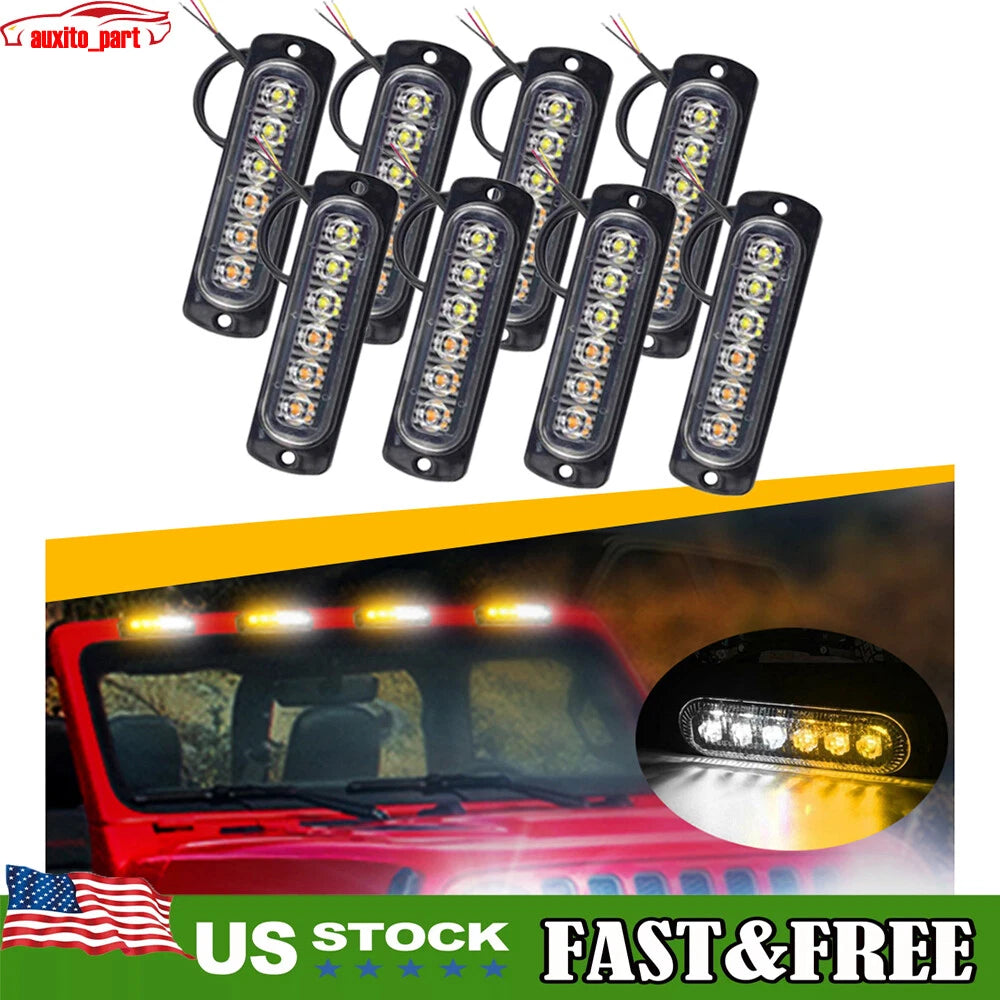 8X LED Strobe Light Bar for Car Truck Flashing Warning Hazard Amber White