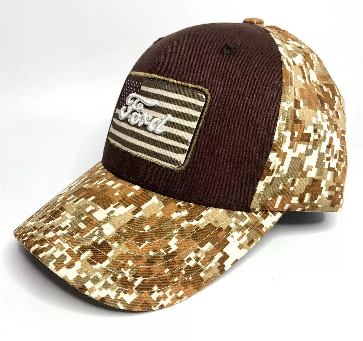 Hat Cap with Ford Script Emblem and American Flag for Ford (Tan)