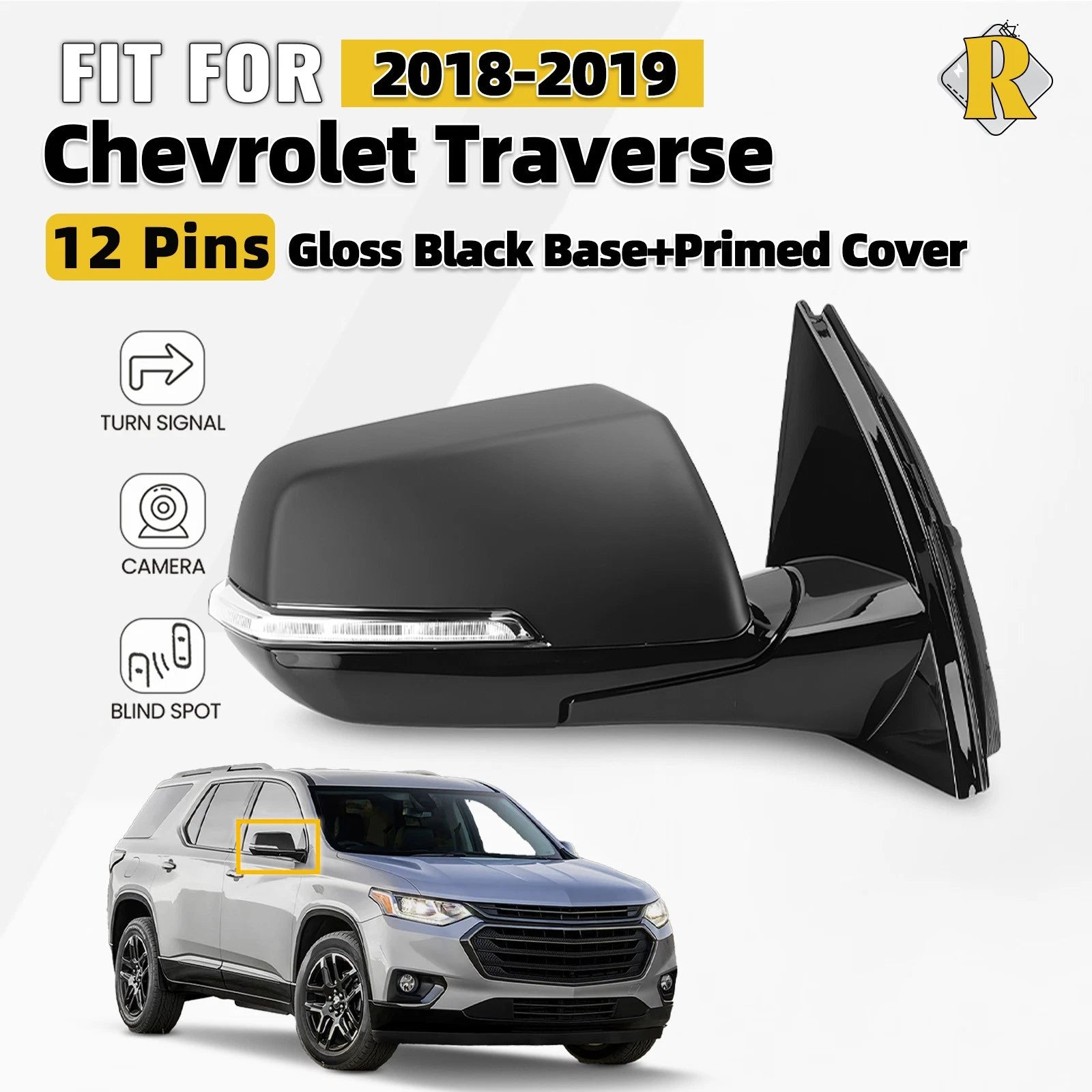 Side Mirror for Chevy Traverse (2018–2019) W/BSD, Camera, Turn Signal, 12Pin Right