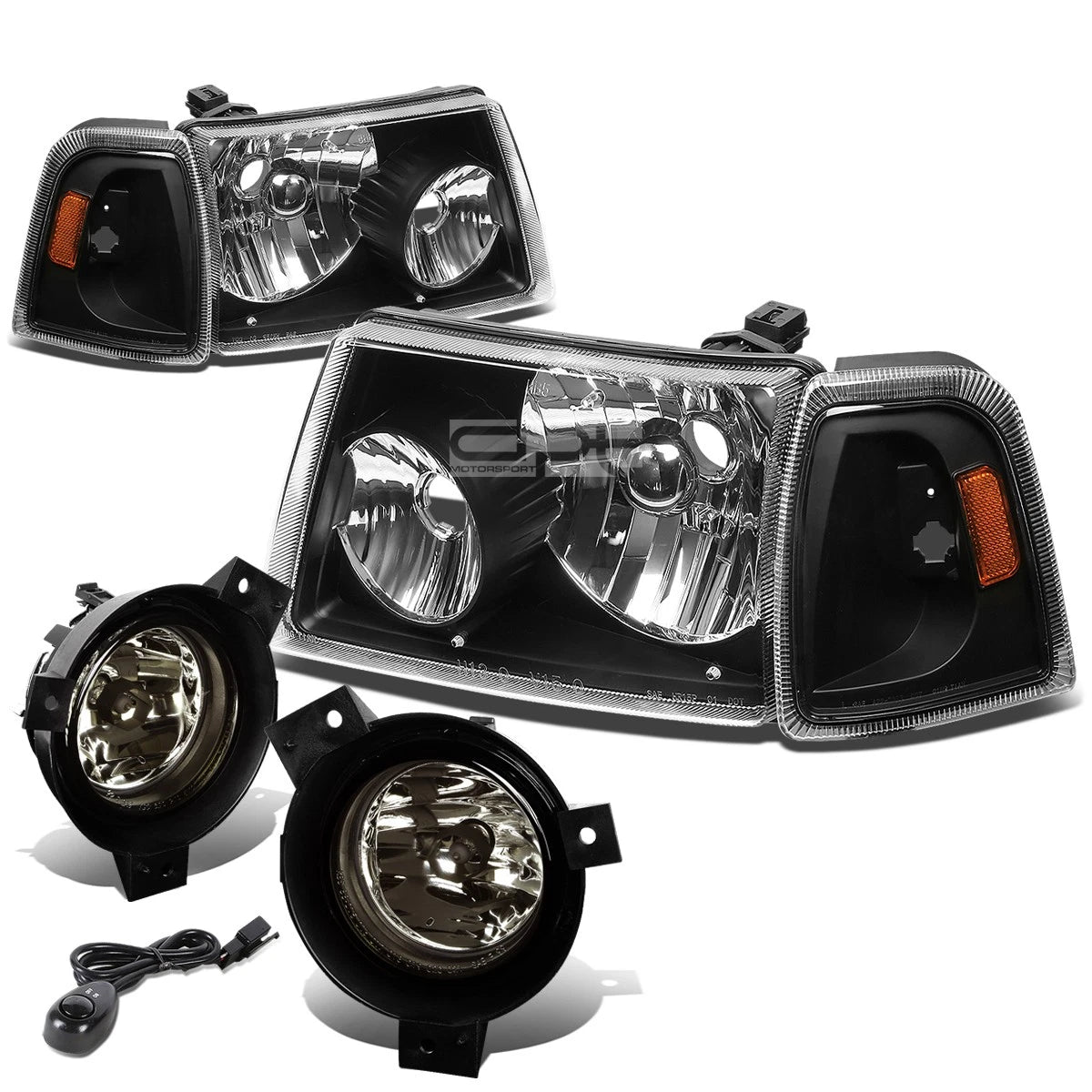 Black Housing Headlight Set with Amber Corner & Smoked Fog for Ranger (2001–2003)