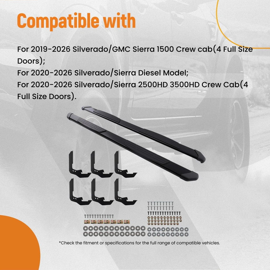 Running Boards Nerf Bars for Silverado Sierra 1500 Crew Cab (2019–2026) 6" Non-Slip