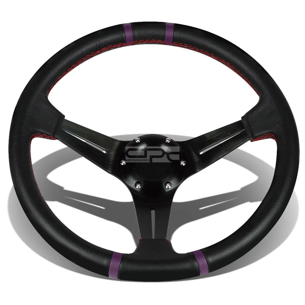 6-Bolt Deep Dish Steering Wheel for Universal Fit (Black Spoke, Purple Stripe)