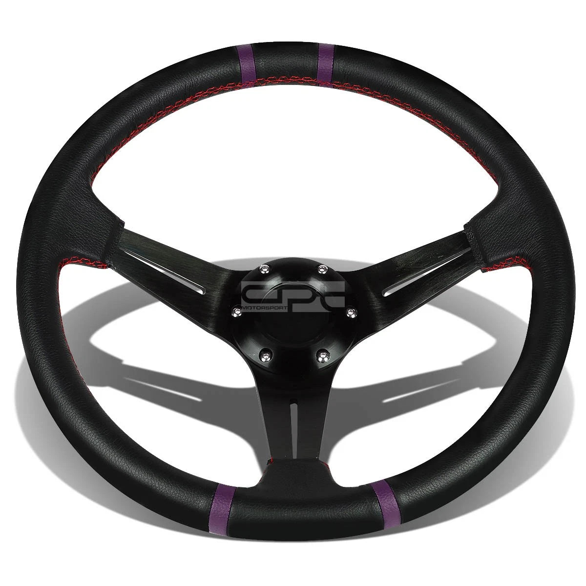 6-Bolt Deep Dish Steering Wheel for Universal Fit (Black Spoke, Purple Stripe)