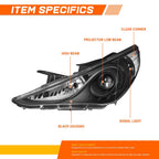 Projector Headlight for Hyundai Sonata (2011–2014) OE Replacement Clear Corner Black