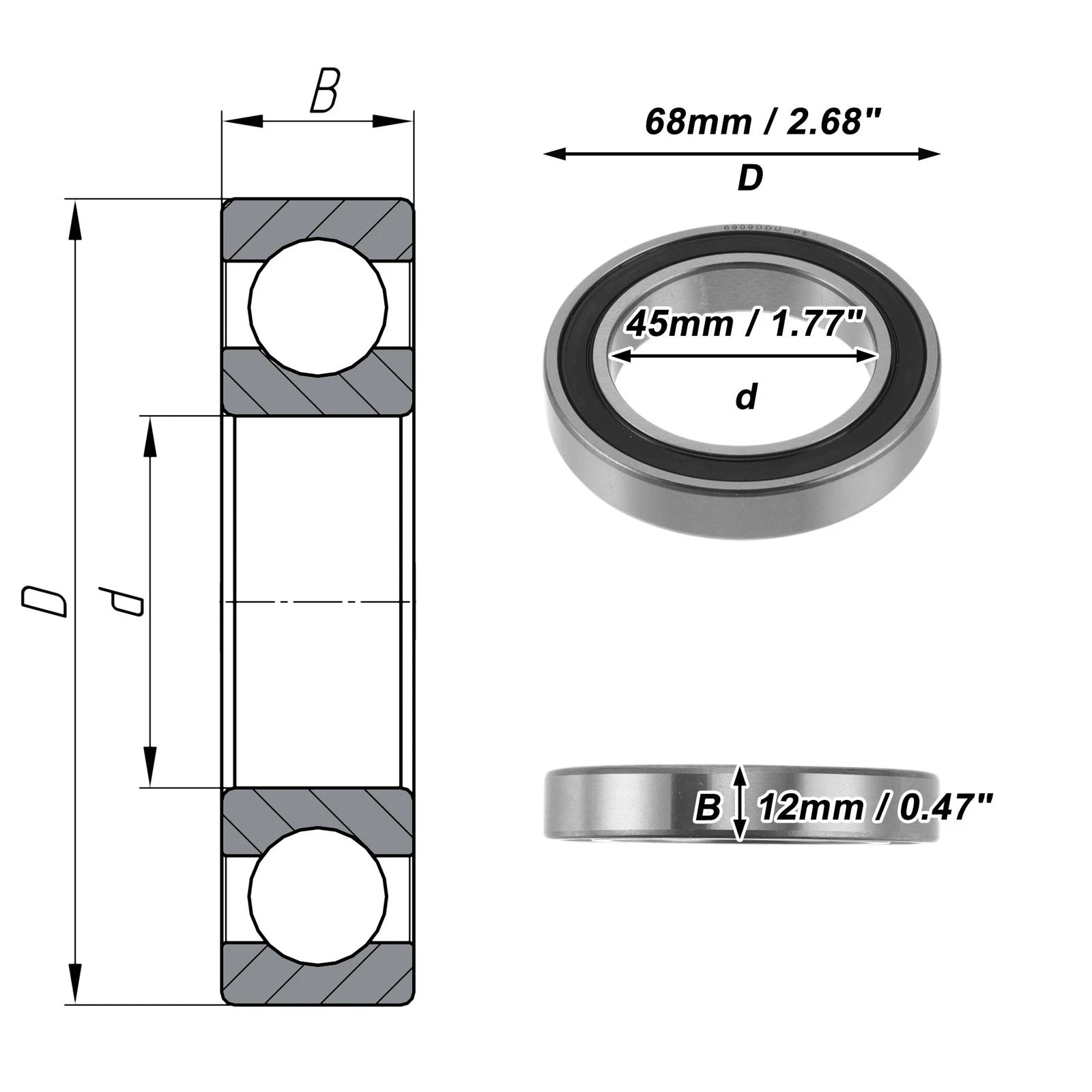 Deep Groove Ball Bearing 6909DDU for Scooter Skateboard Wheel (P5 45x68x12mm)
