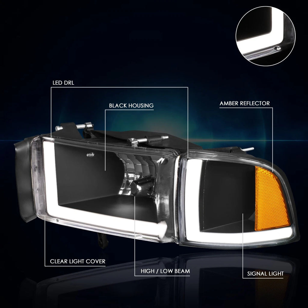 Dual L-Bar LED Headlight for Dodge Ram (1994–2002) - Black Housing, Amber Corner