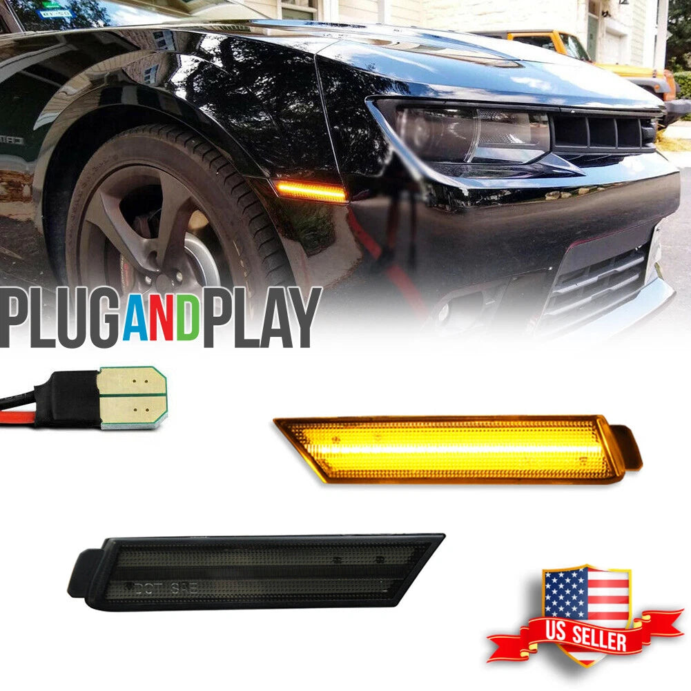 Set of 2 LED Black Lens Front Amber Side Marker Lights for Chevy Camaro (2010–2015)
