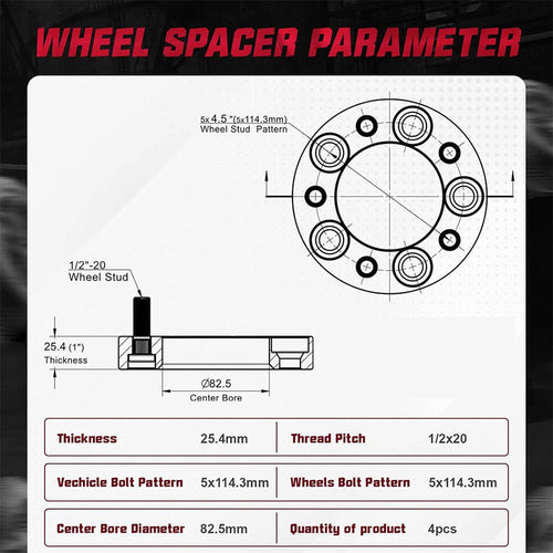 1 in Wheel Spacers for Ford Ranger Mustang Jeep Wrangler (2016–2024)