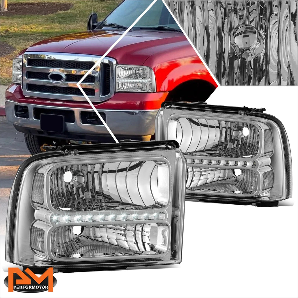 LED DRL Chrome/Clear Headlights for Ford F250-F550 Super Duty Excursion (2005–2007)