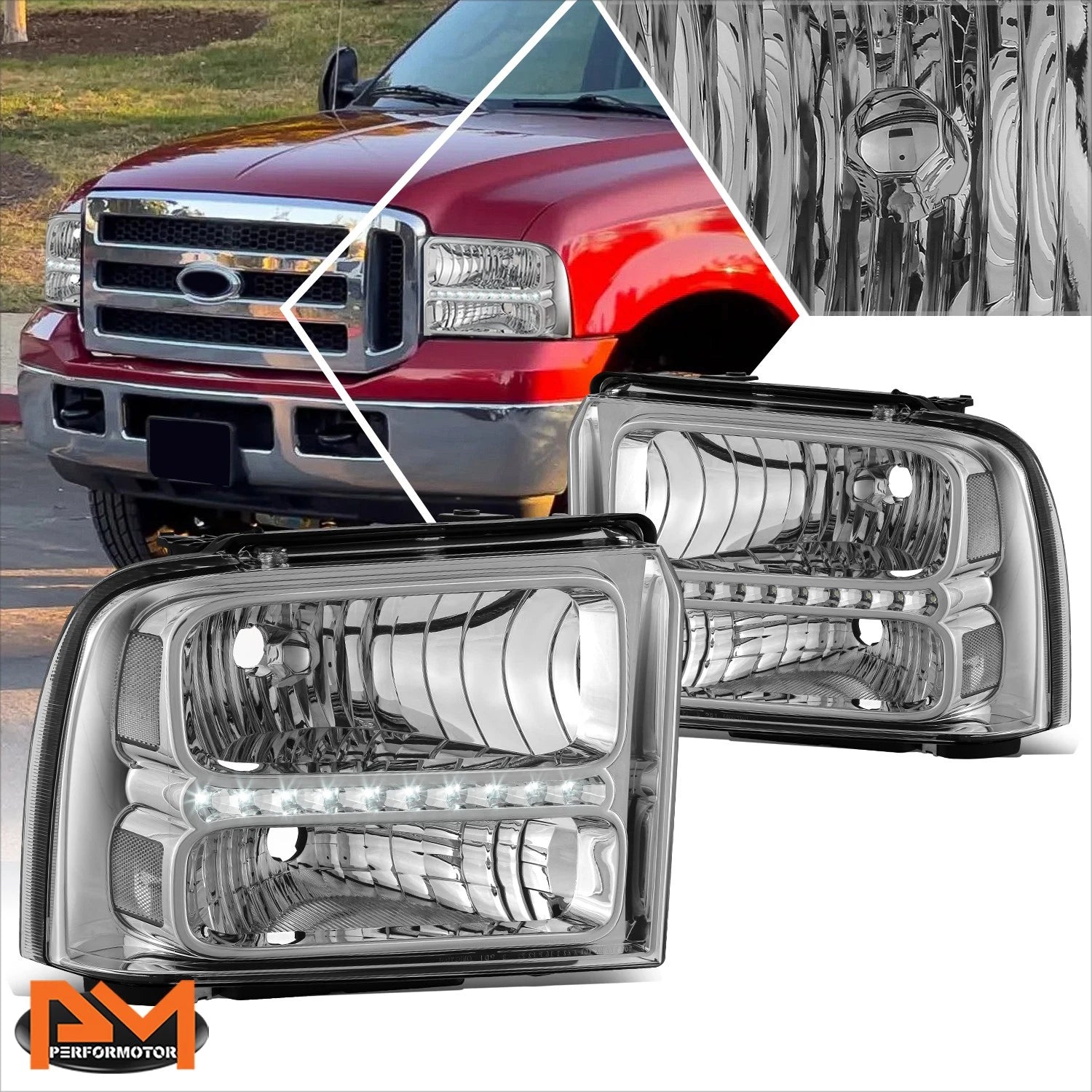 LED DRL Chrome/Clear Headlights for Ford F250-F550 Super Duty Excursion (2005–2007)