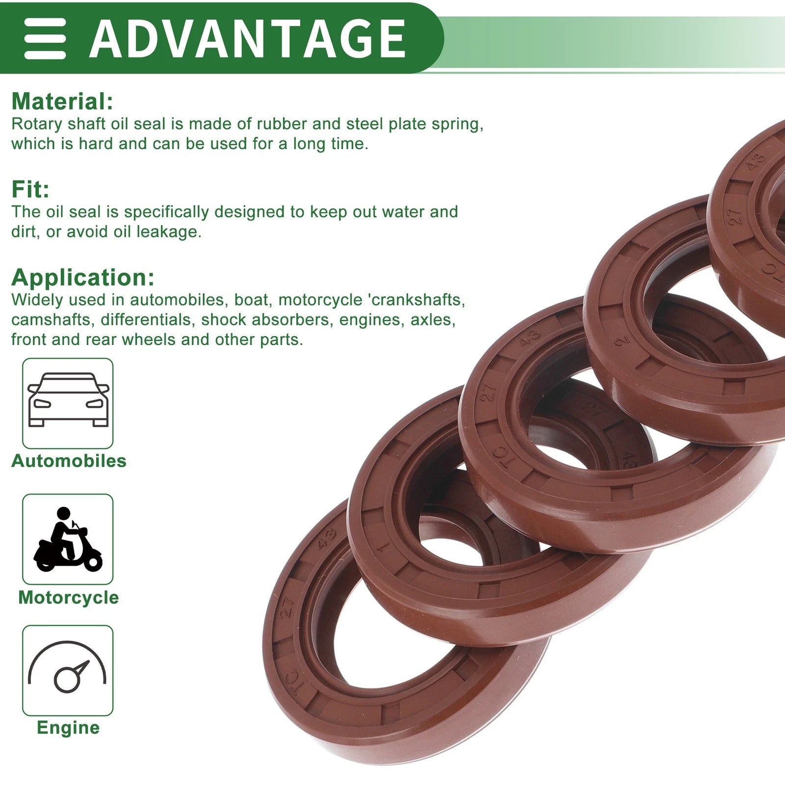 Set of 5 Oil Seal Rotary Shaft Seal FKM Rubber 27x43x8mm