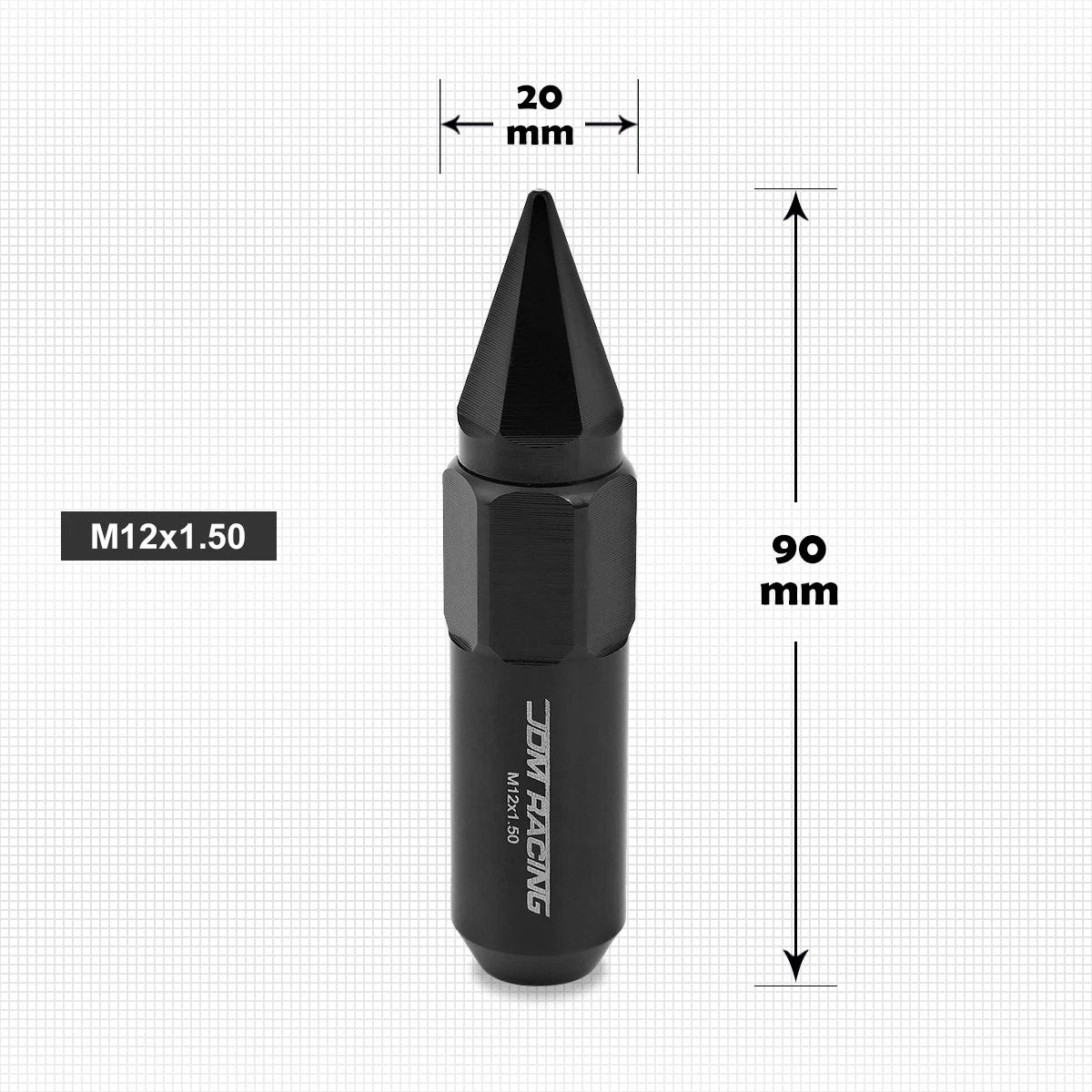 Set of 20 M12X1.5 Black JDM Hex Spiked Cap Wheel Lug Nuts + 20mm Extension