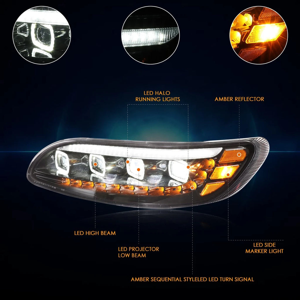 2X LED Halo Sequential Signal Projector Headlights for Peterbilt 337 348 (2010–2020)