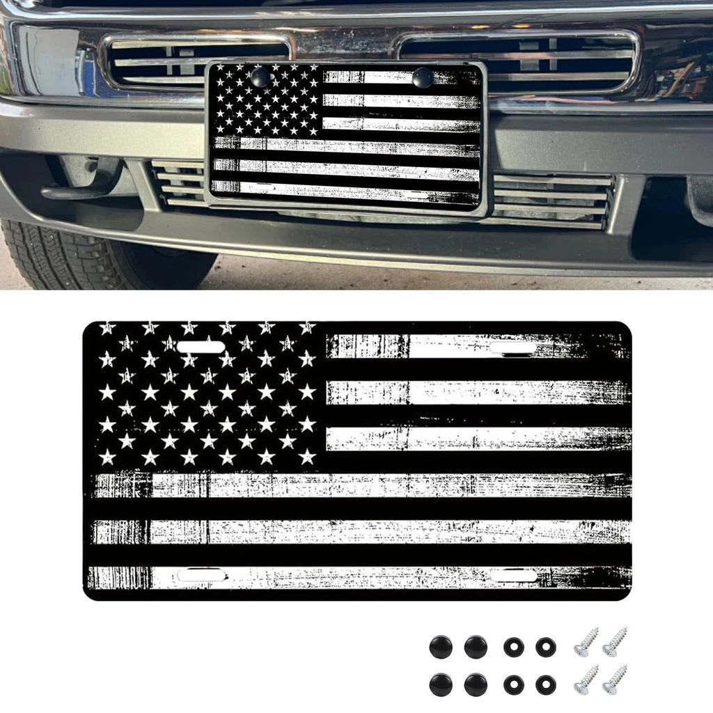 Distressed American Front Flag License Plate for Universal Fit (Black/White)