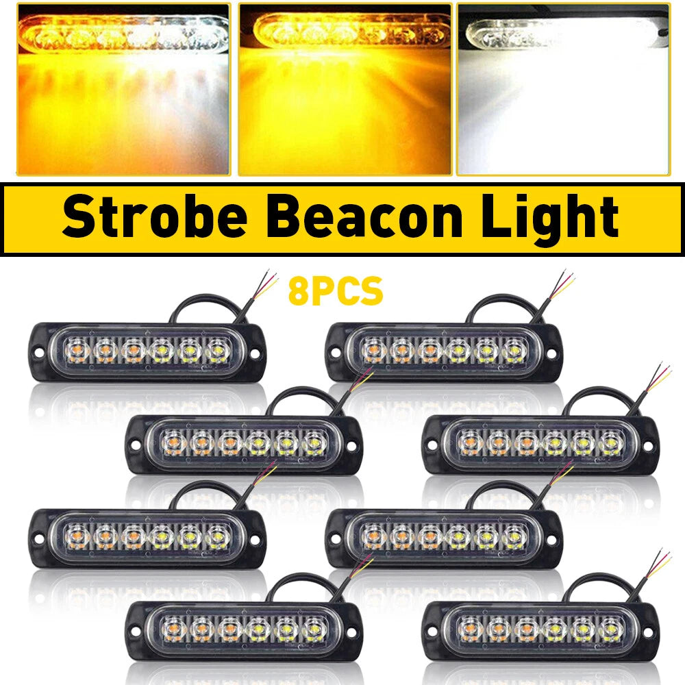 8X Amber/White LED Emergency Beacon Strobe Light for Car Truck