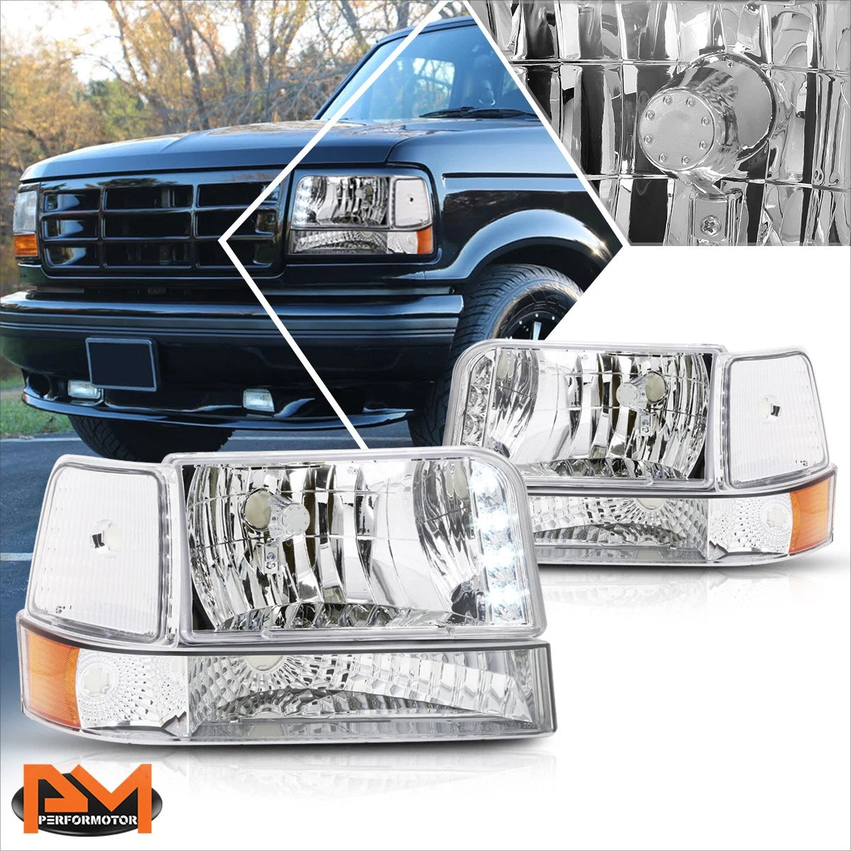 LED DRL Headlight Lamp Chrome Housing for Ford F150/F250/F350 (1992–1996)