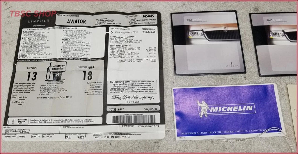 Owners Manual Kit for Lincoln Aviator (2003) - Includes Case & Dealer Sticker