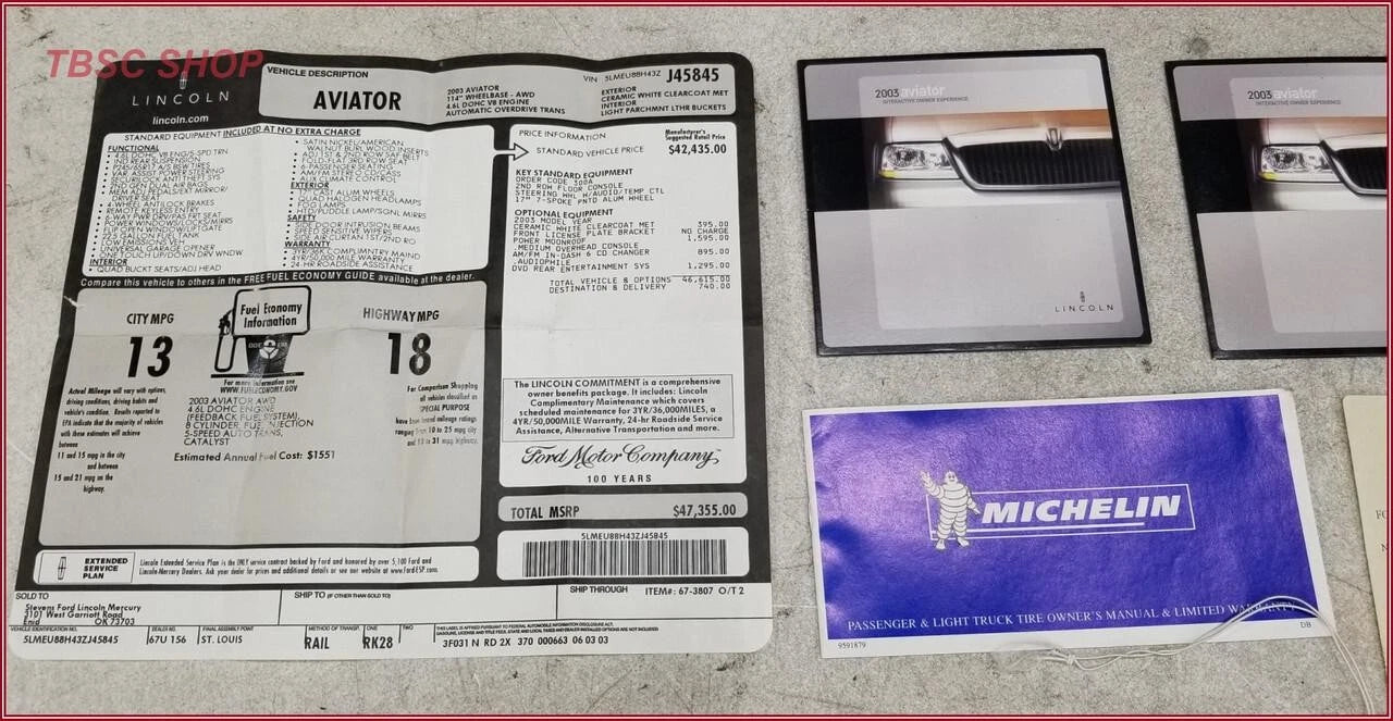 Owners Manual Kit for Lincoln Aviator (2003) - Includes Case & Dealer Sticker