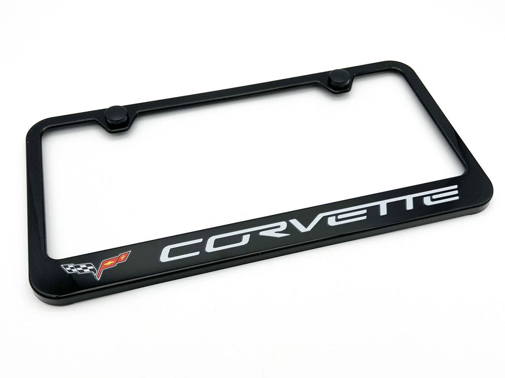 Black Plastic License Plate Frame w/ Chevy Corvette C6 Script Logo