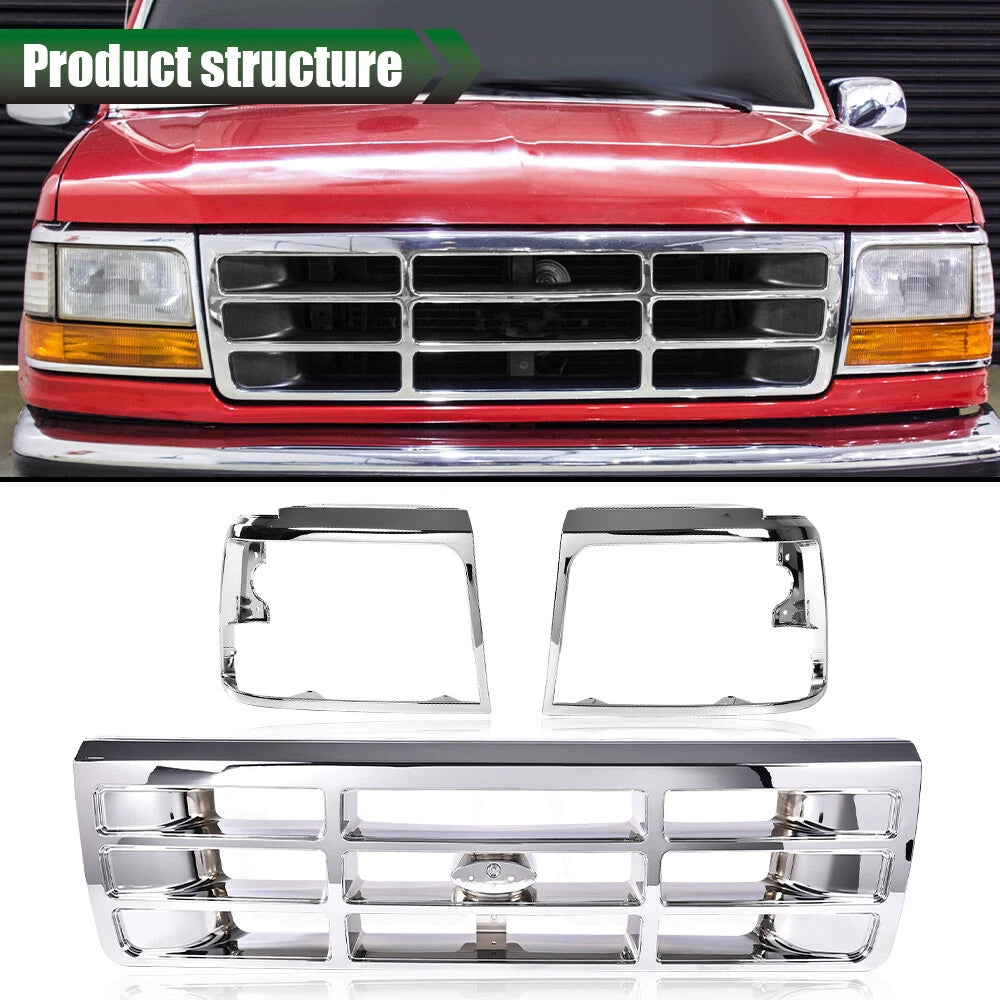 Chrome Front Grille and Headlight Trim Bezel Set for Ford Bronco F150 (1992–1996)