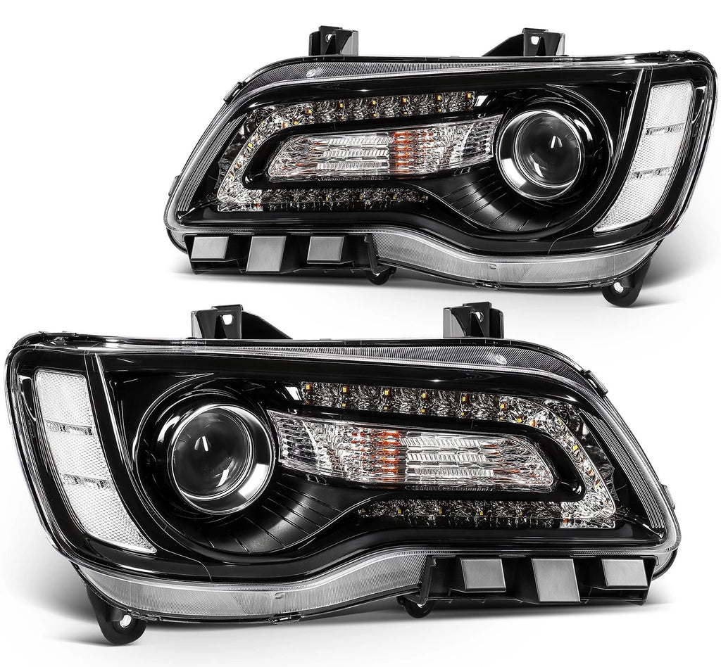 Set of 2 Black Halogen Headlights for Chrysler 300 (2015–2023)