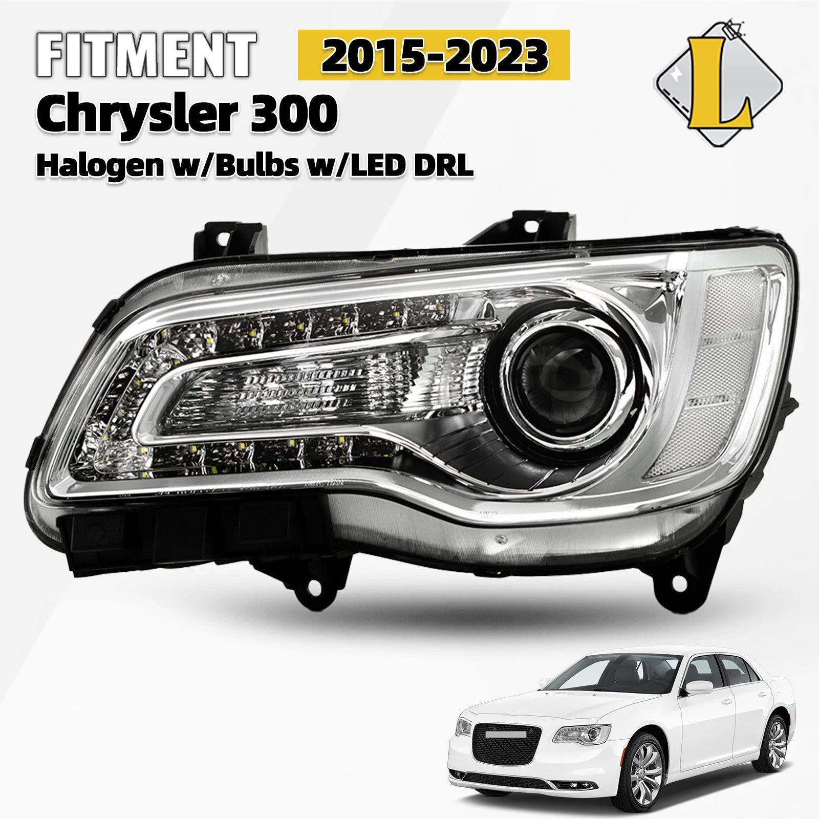 Chrome Halogen Headlight LED DRL Projector for Chrysler 300 (2015–2023)