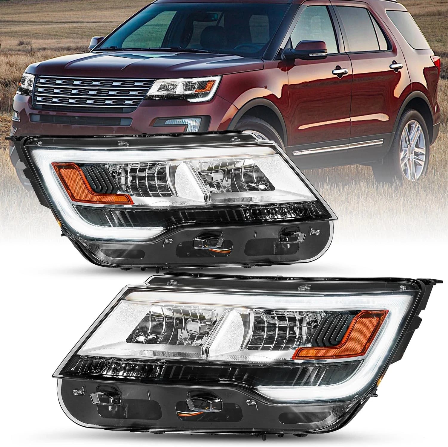 Set of 2 Chrome Headlights w/LED DRL for Ford Explorer (2016–2019)