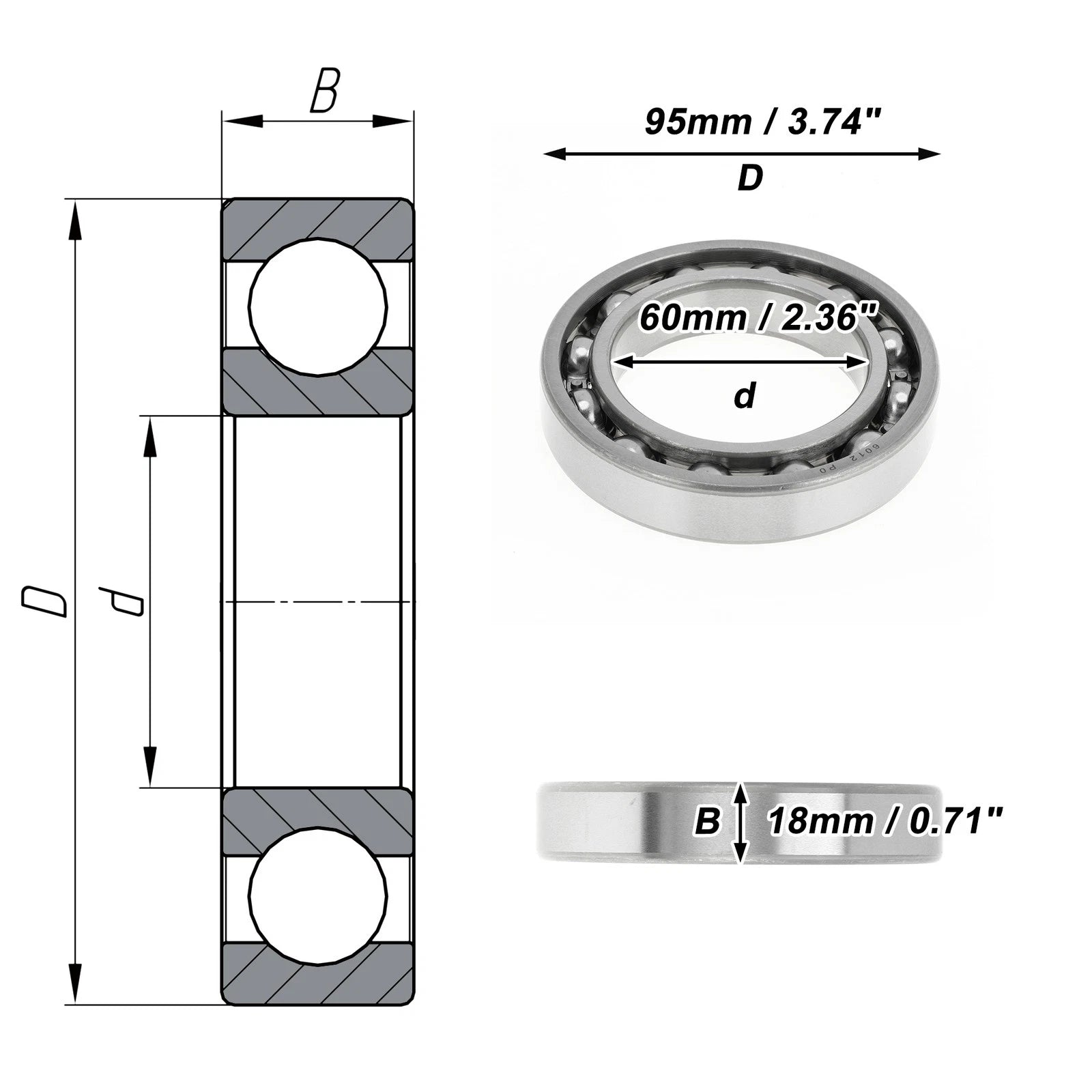 Deep Groove Ball Bearing 6012 P0 for Scooter Skateboard (60x95x18mm)