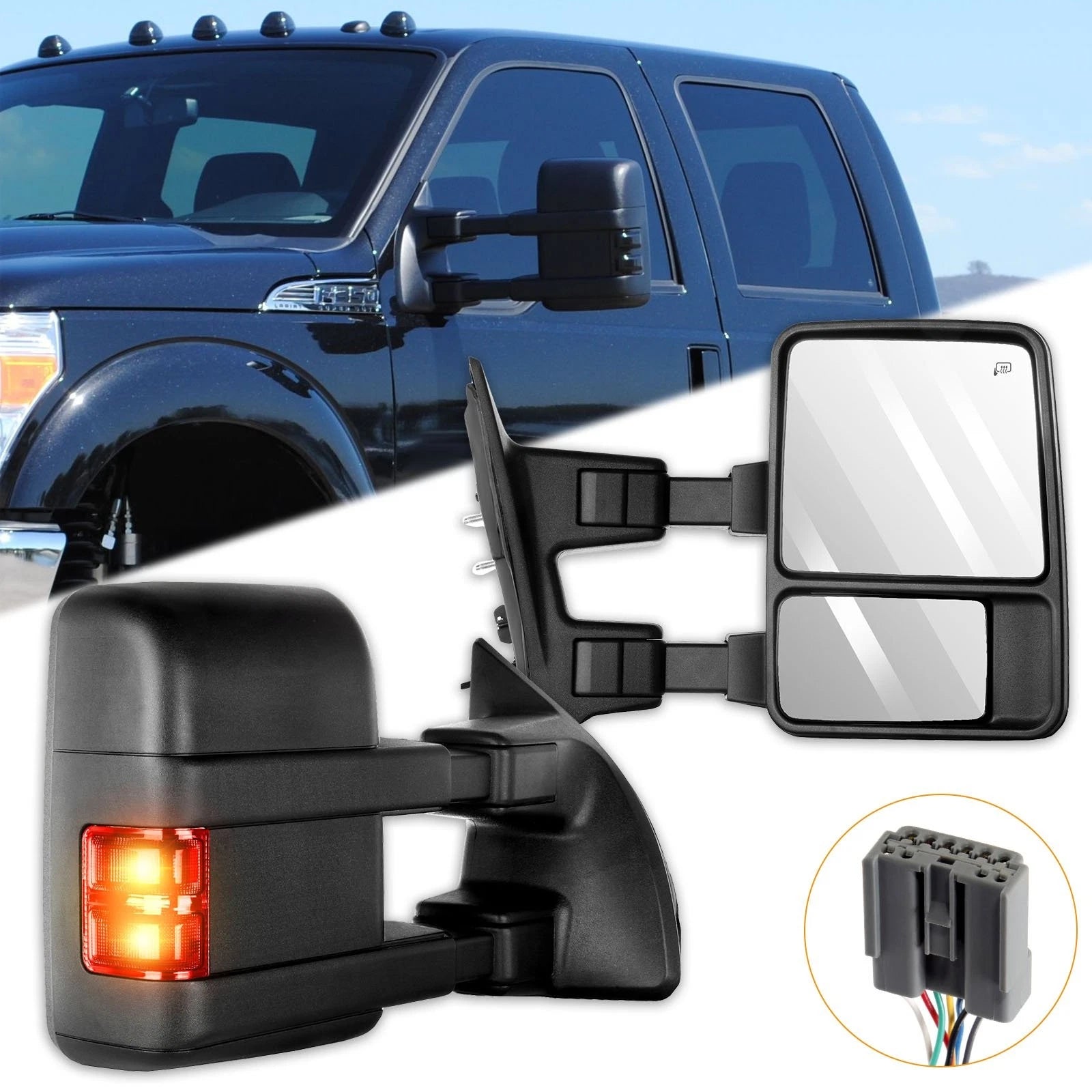 Pair LED Signal Towing Power Heated Side Mirror Lights for Ford F250-F450 (2003–2007)