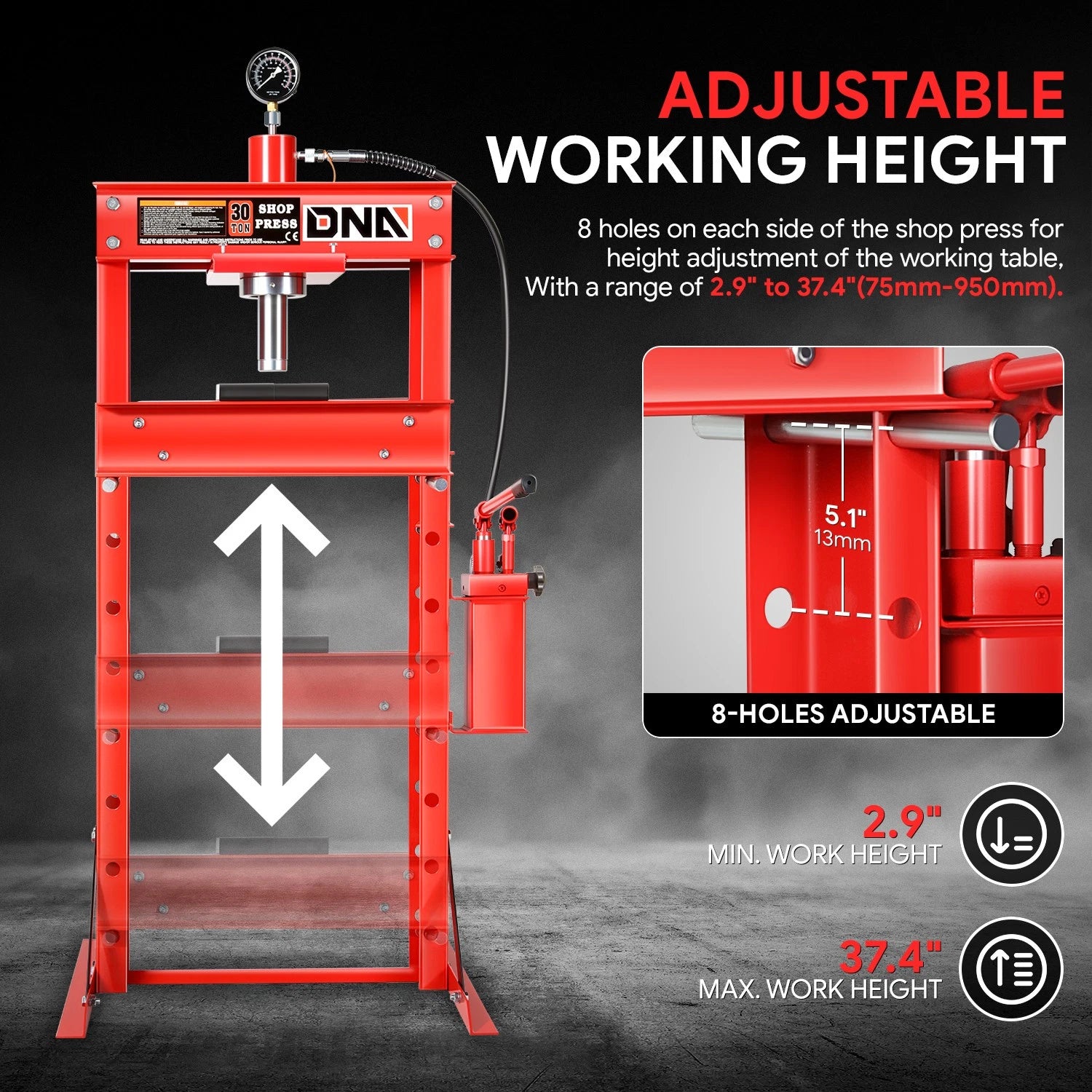 30 Ton Steel Hydraulic Shop Press with Plates H-Frame (66139)