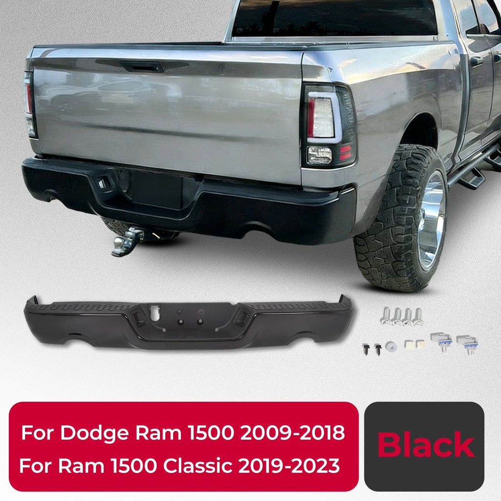 Black Rear Step Bumper for Dodge Ram 1500 (2009–2018) W/O Sensor, Dual Exhaust