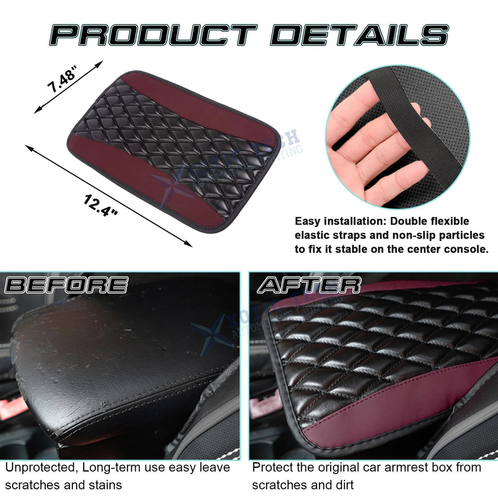 PU Leather Rhombus Seat Central Box Lid Cover Armrest Pad for Black & Wine Red (-)
