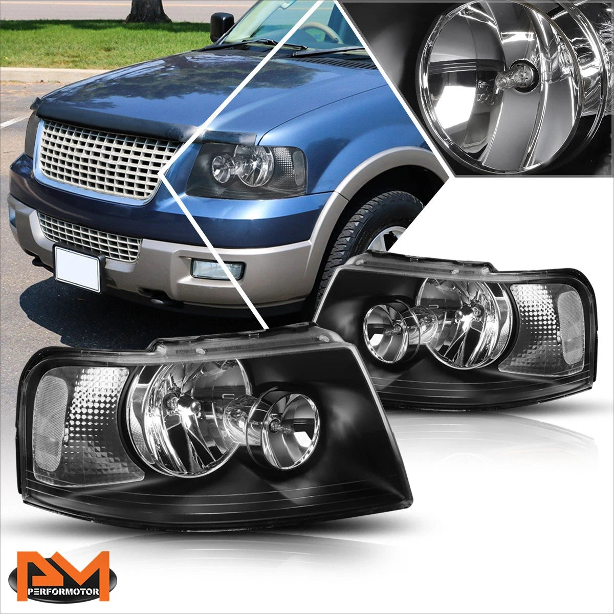 Headlight Pair for Ford Expedition (2003–2006) Black Housing Clear Side Lamps