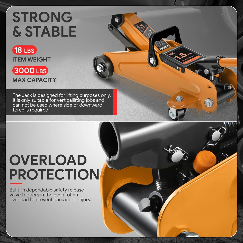 1.5 Ton Hydraulic Floor Jack for Universal Use (3000 lbs Capacity)