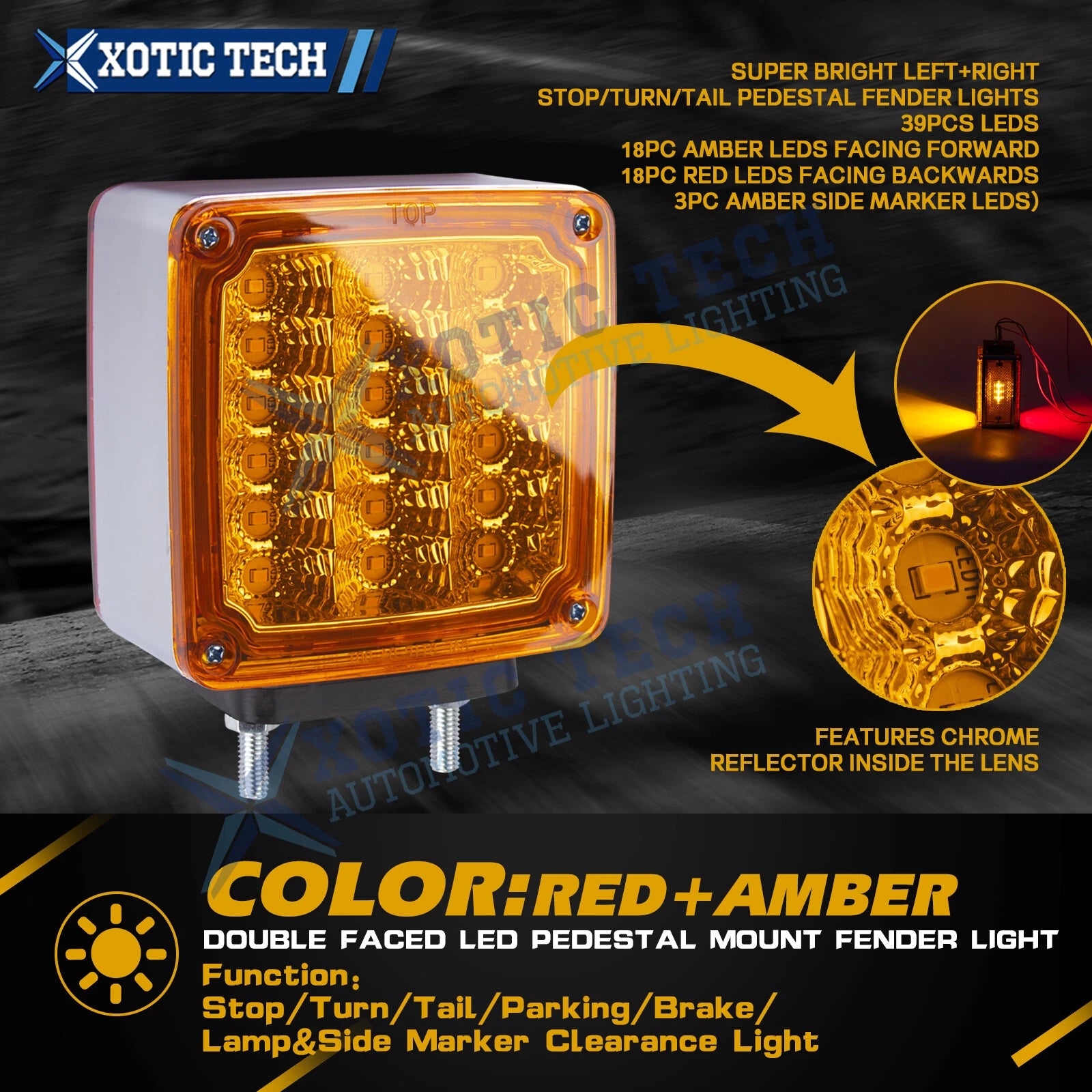 2pc Amber Red 39 LED Double Face Stud Mount Fender Stop Turn Tail Light for 2020-2024