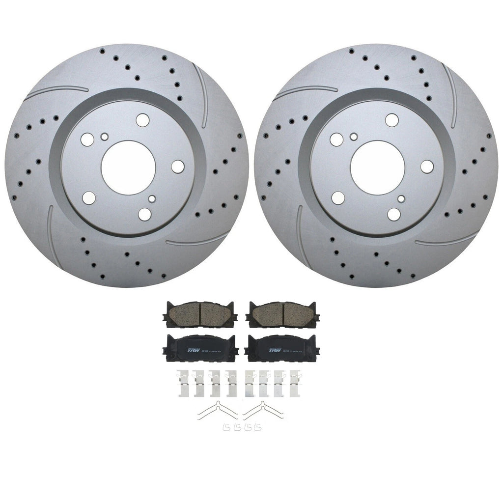 Front Brake Kit with 296mm Drilled Rotors & TRW Pro Ceramic Pads for ES350, Avalon, Camry (2007–2019)