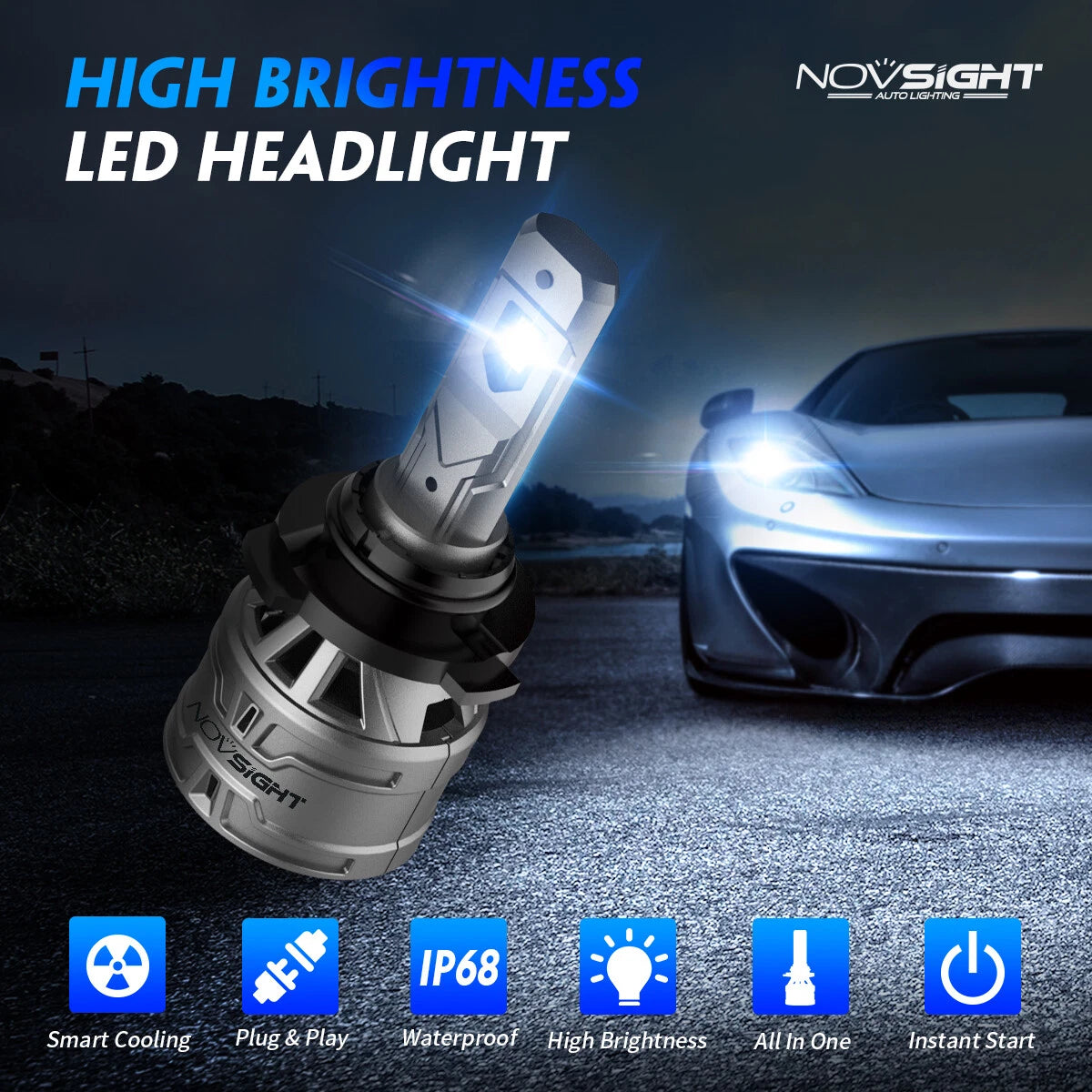 4X 9005 + H11 LED Headlight Bulbs for NOVSIGHT (High Low Beam, 6500K)