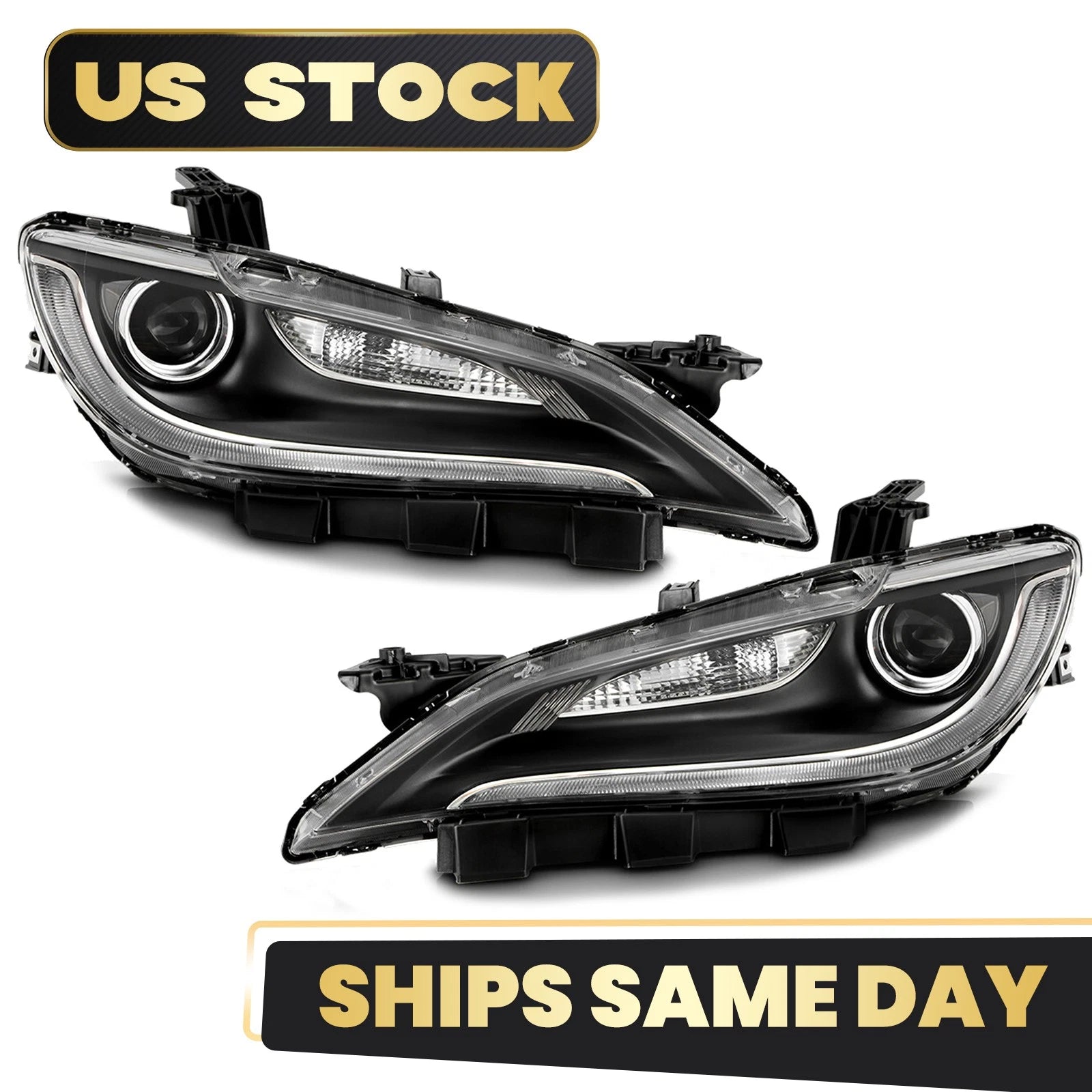 Halogen Headlight Set for Chrysler 200 (2015–2017) w/LED DRL, Chrome Trim
