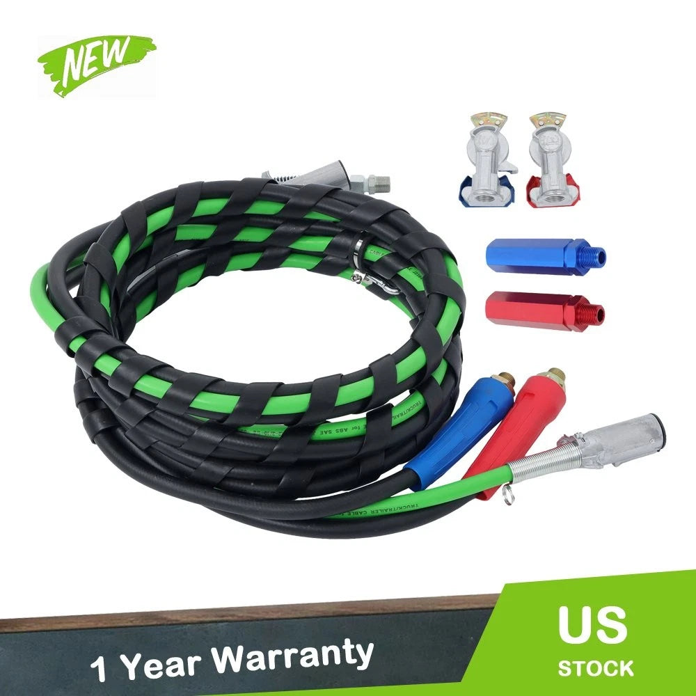 Set of 2 15FT 7 Way ABS Electrical Cables & Rubber Air Lines for Semi Truck