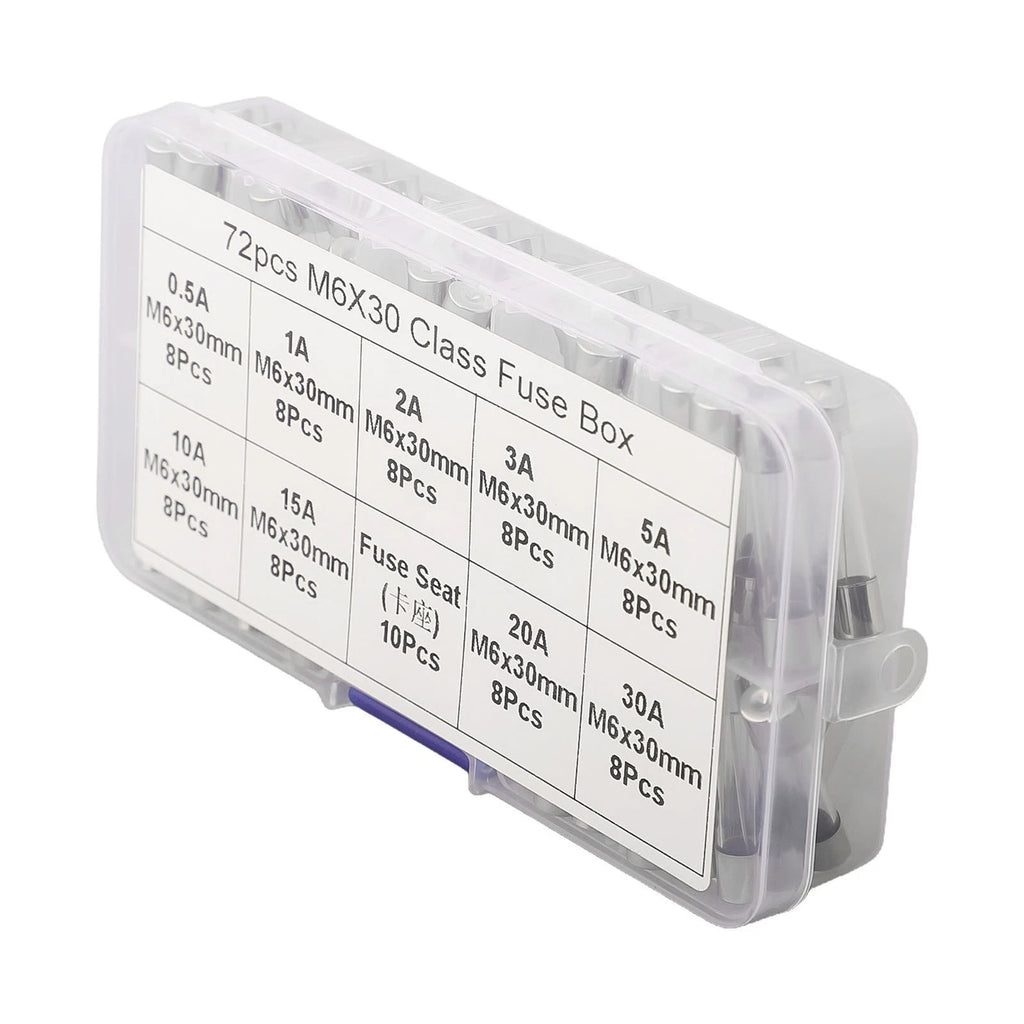 72 PCS Assorted Glass Tube Fuses for Cars (0.5A–30A)