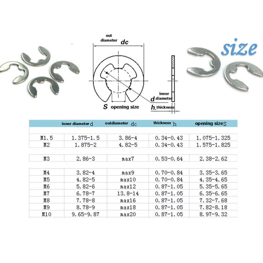120 Clips C Circlips Stainless Steel Kit Assorted 1.5mm to 10mm