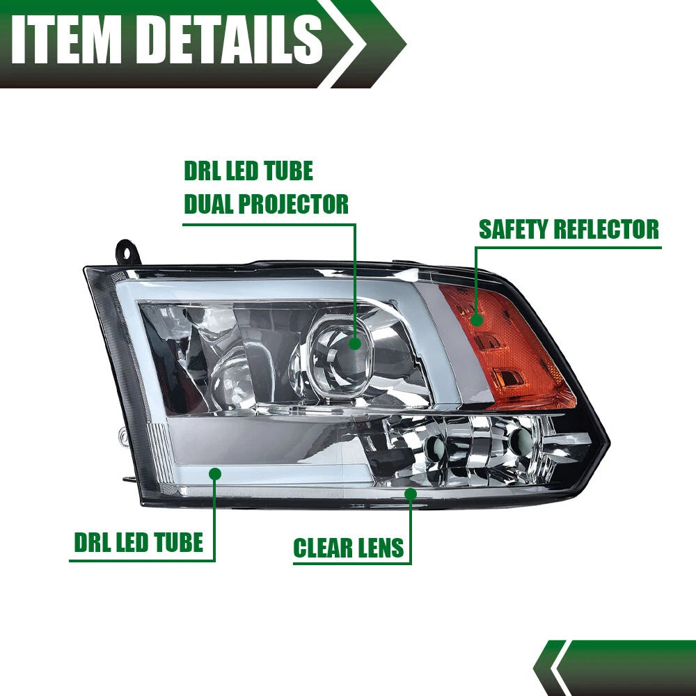 Smoke LED DRL Headlights Assembly for Dodge Ram 1500 2500 3500 (2009–2018)