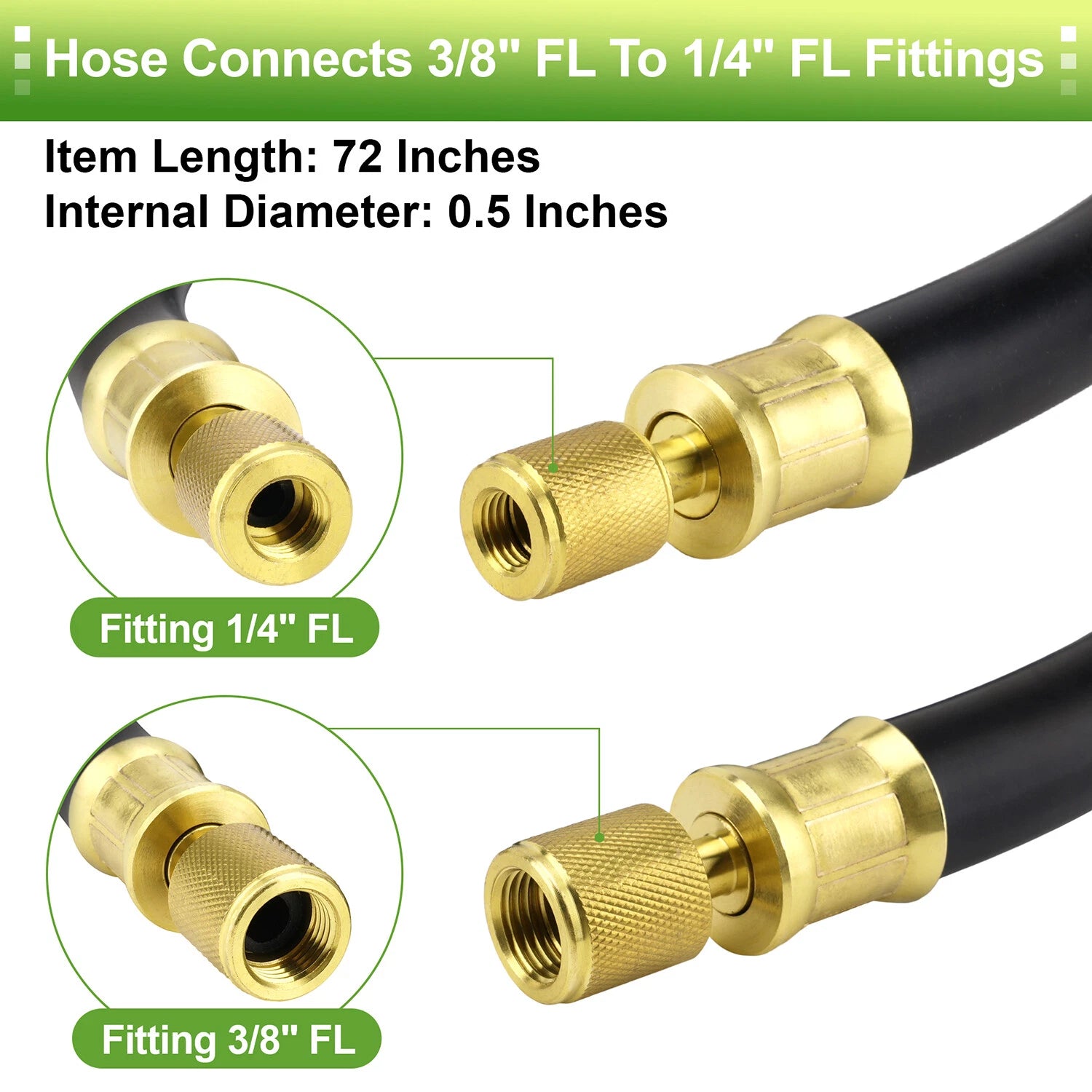 High-Flow Refrigerant Hose for Automotive (6', 1/2" Diameter, 3/8" to 1/4" Fitting)