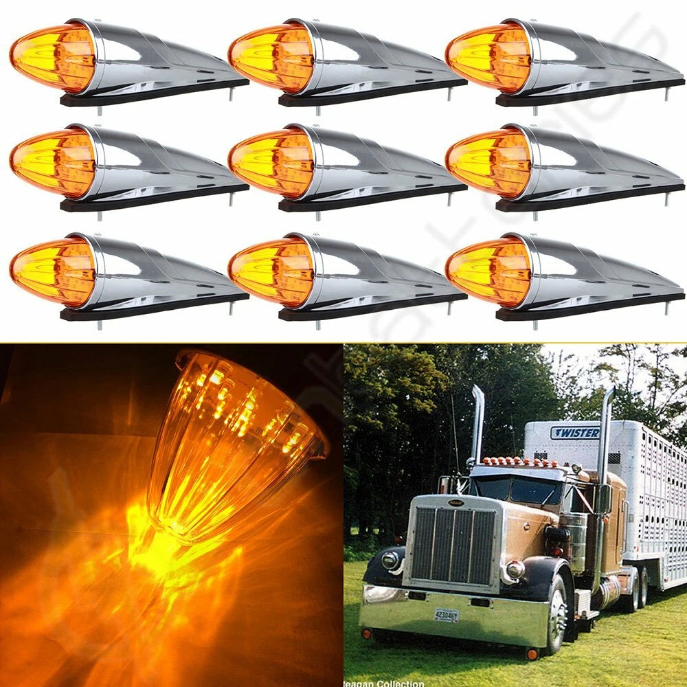 9X Amber Chrome Torpedo 17 LED Cab Marker Light for Paccar Freightliner (N/A)
