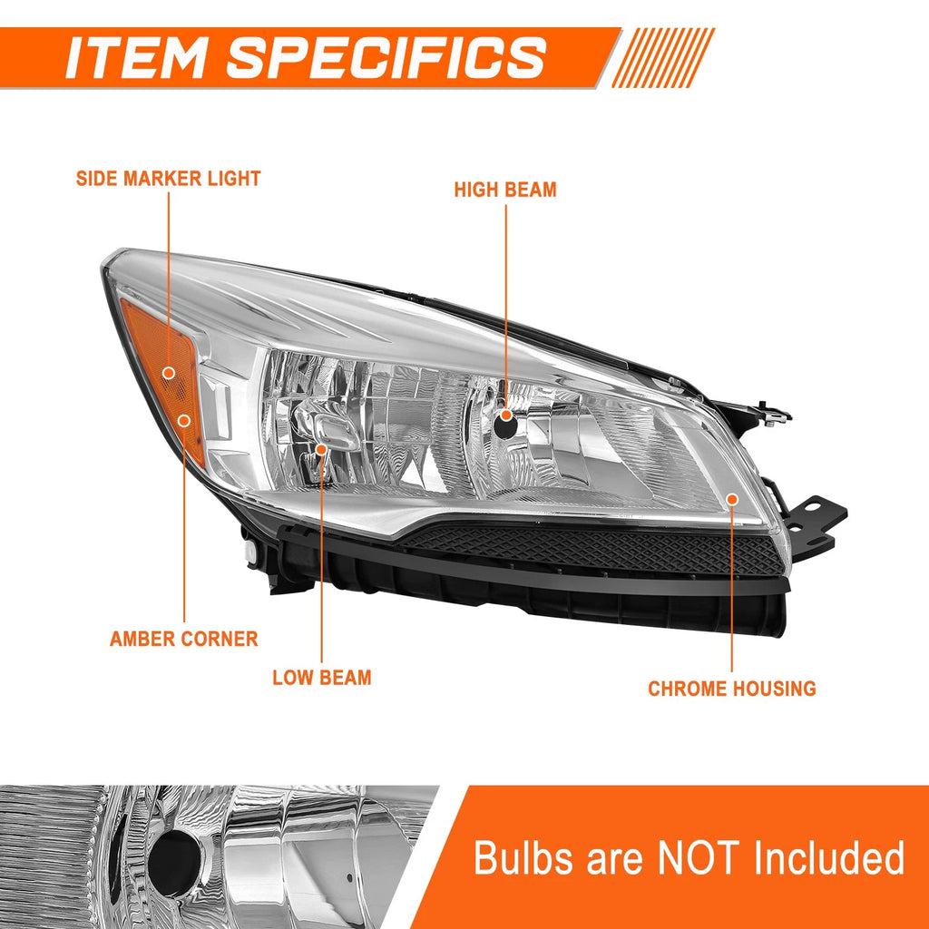 Passenger Side Chrome Amber Headlight for Ford Escape (2013–2016)