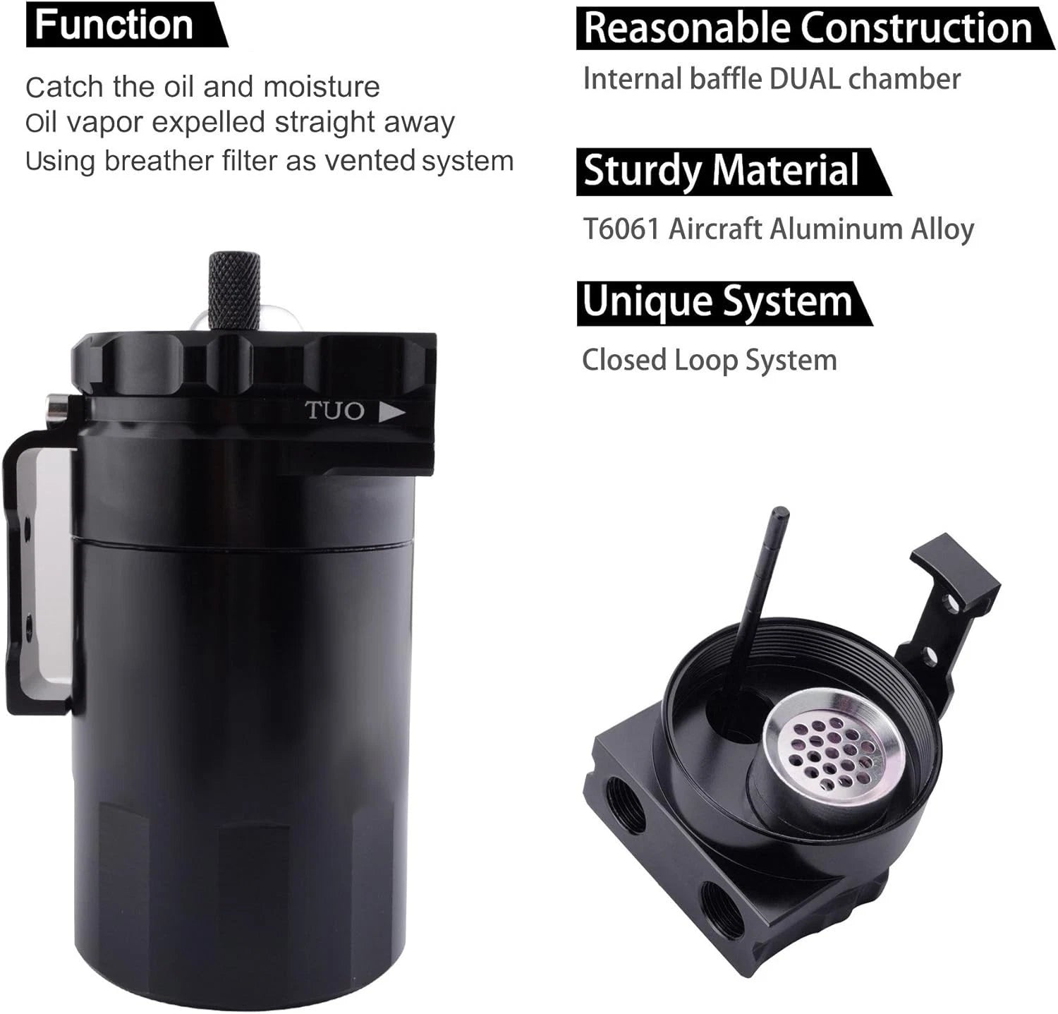 Aluminum Oil Catch Can for - Baffled, Black, Filter