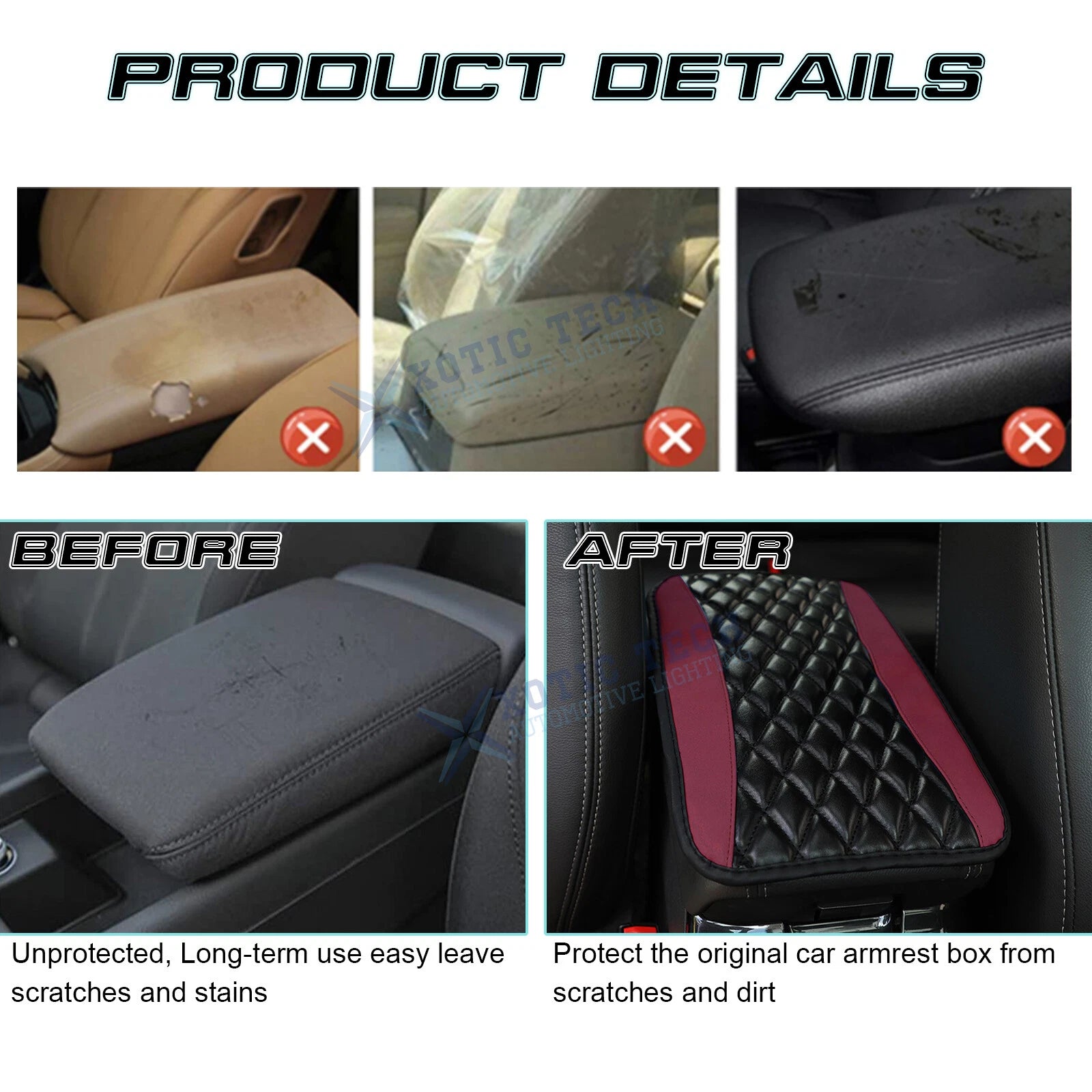 PU Leather Rhombus Seat Central Box Lid Cover Armrest Pad for Black & Wine Red (-)