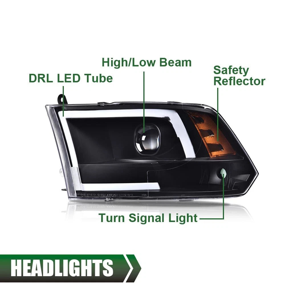 Black LED DRL Corner Headlights for Dodge Ram 1500 2500 3500 (2009–2018)